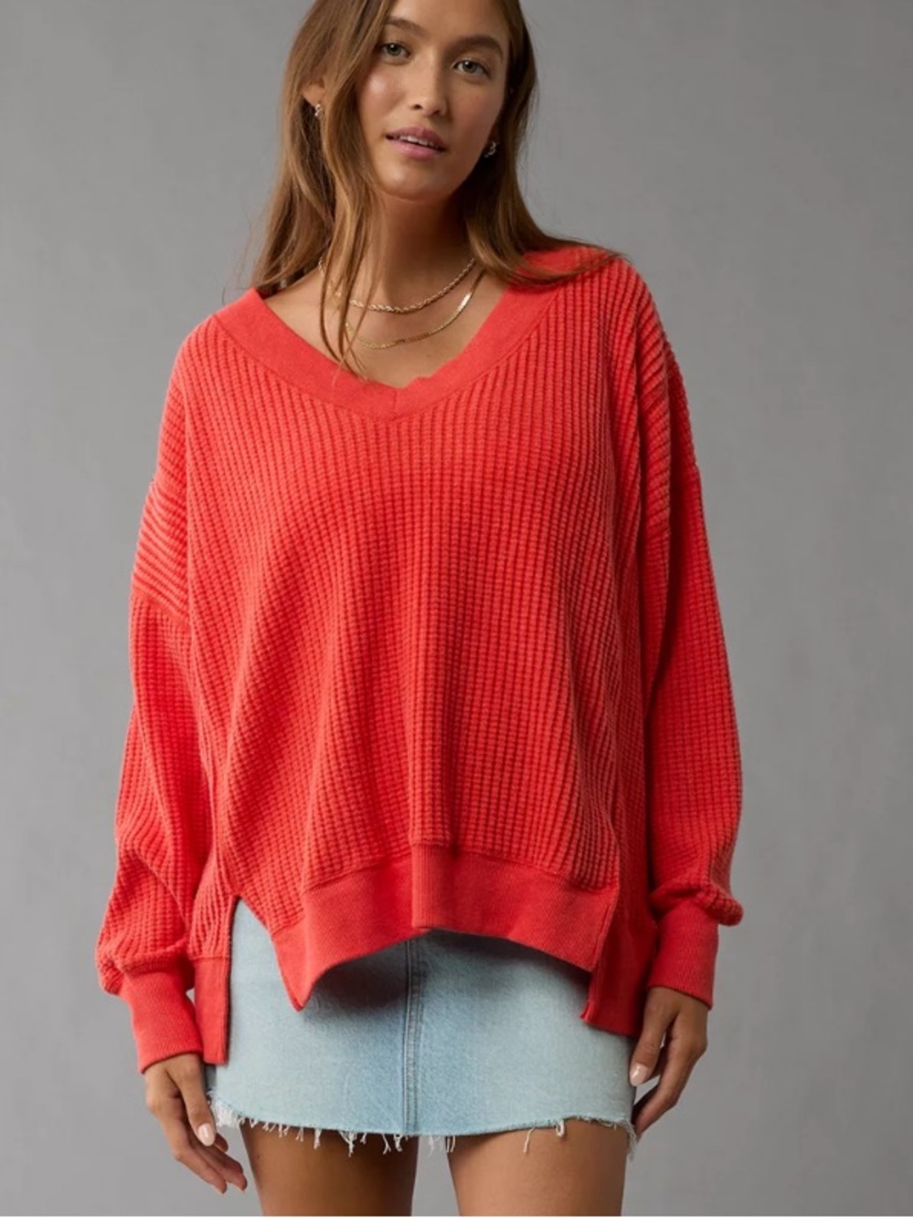 NWT American Eagle Big Hug V-Neck Waffle Sweatshirt Size Medium